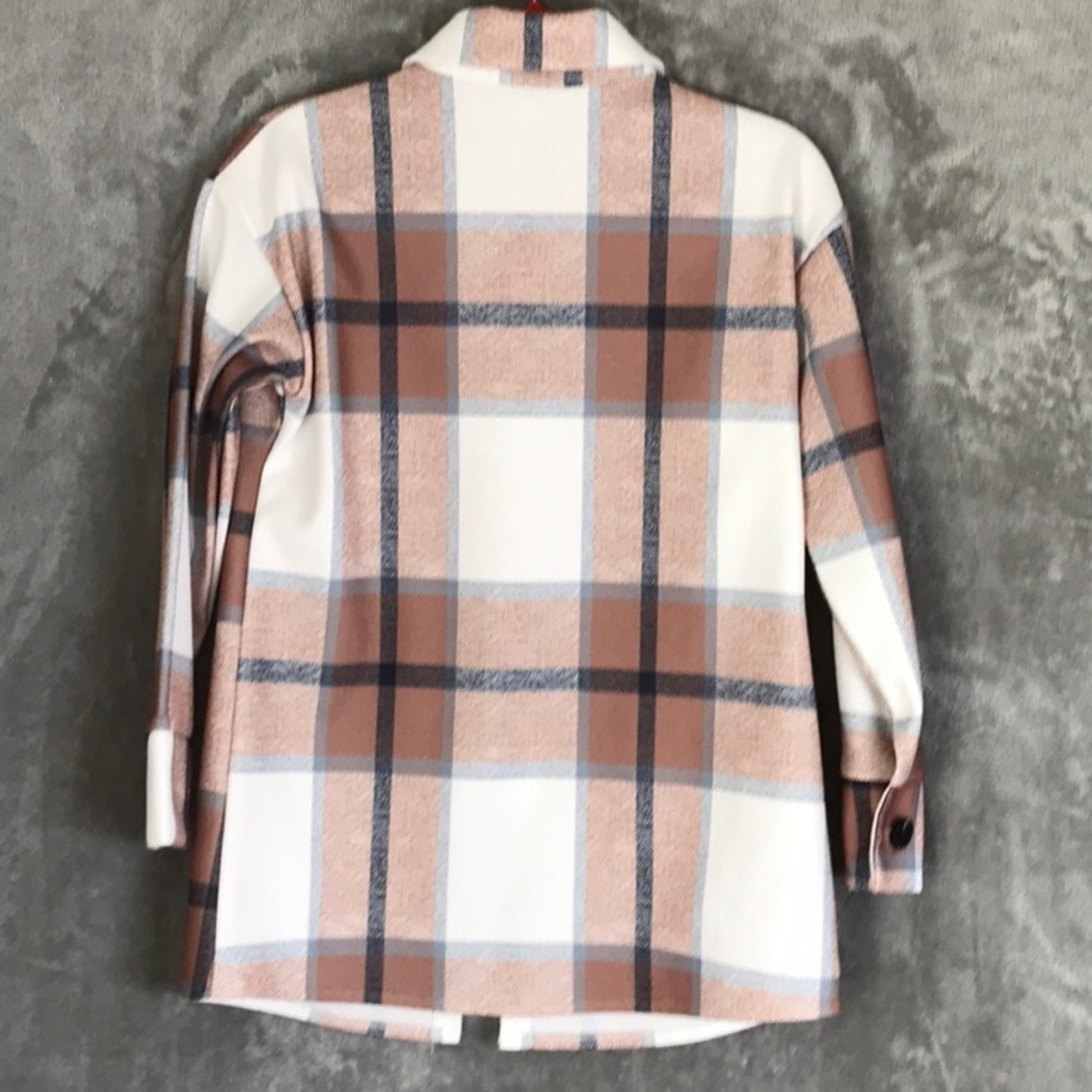 Women's Plaid Shacket Shirt Jacket Tan Cream Button Front Overshirt Lightweight - Picture 6 of 15